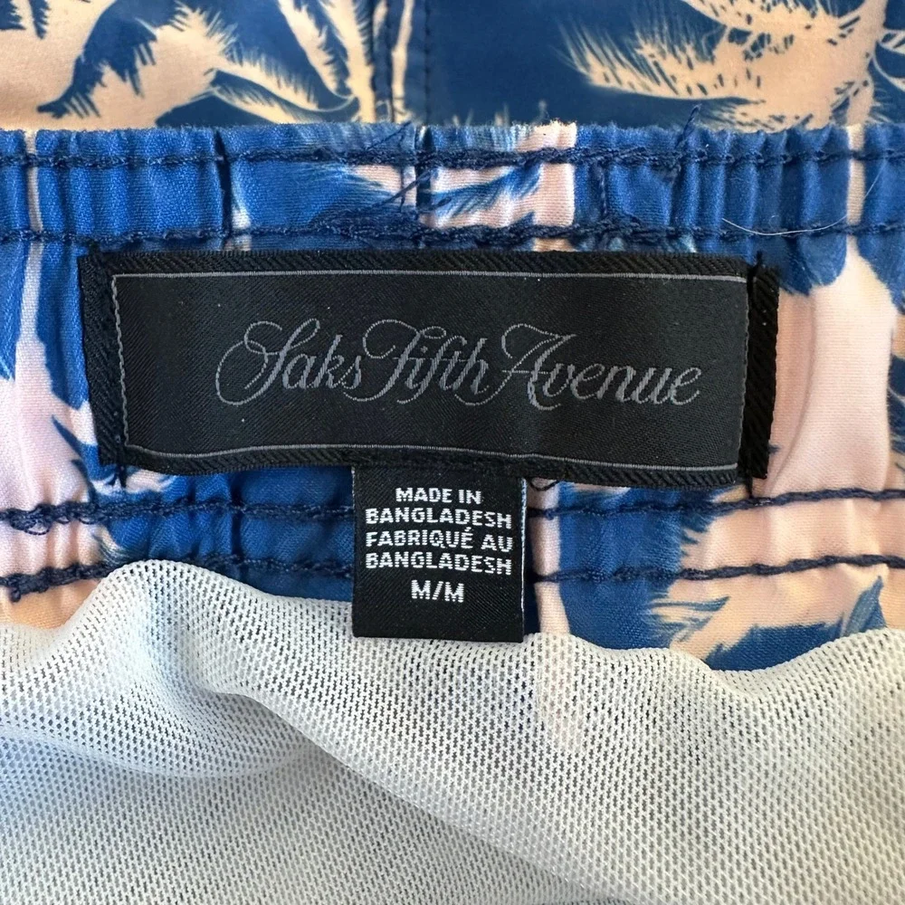 Saks Fifth Avenue Mens Palm Tree Print Swim Trunks Blue Pink Medium Board Shorts